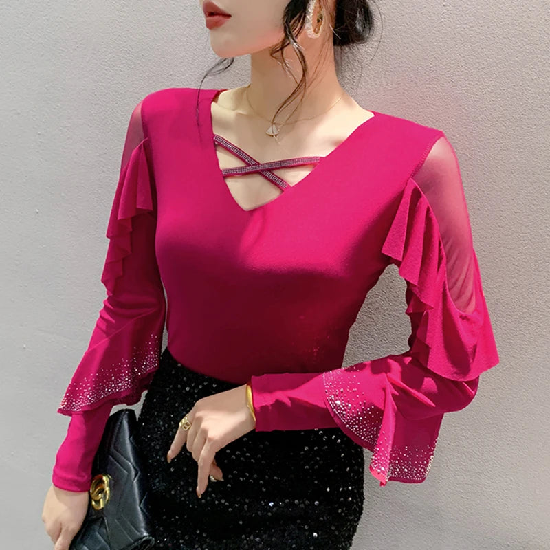 2025 Spring Summer Mesh Tops Korean Fashion Round Neck Patchwork Lotus Leaf Ruffles Shirt Hot Diamond Women T Shirt
