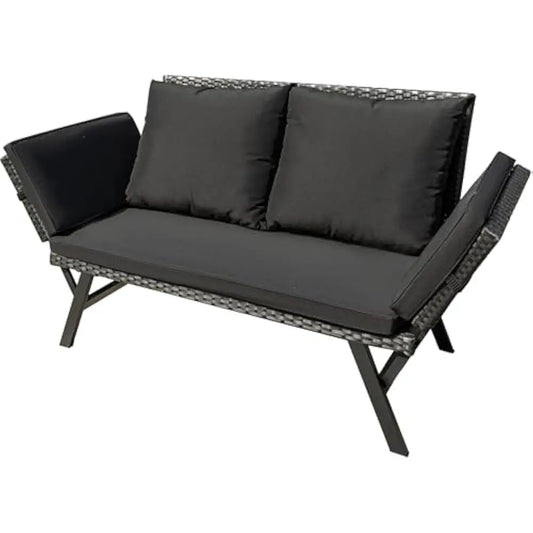 Outdoor Sofa with Adjustable Armrests, Convertible Daybed or Double Chair, Woven Rattan Patio Furniture, Outdoor Sofa