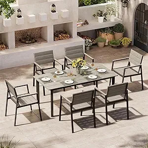 Outdoor Dining Set for 6, Patio Table and Chairs Set with Umbrella Hole, 7 Pieces HDPS Outdoor Furniture Sets for Patio, Garden,