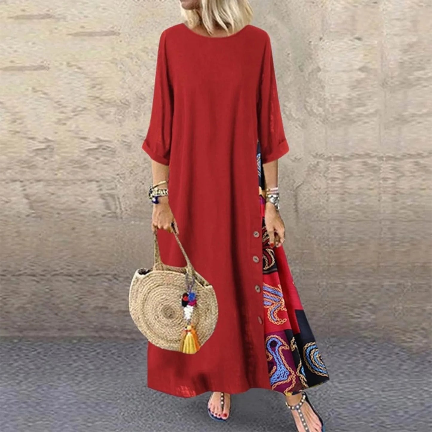 New Summer Fashion V-neck Printed Dress Women's Solid Color Pocket Casual Minimalist Beach Long Dress