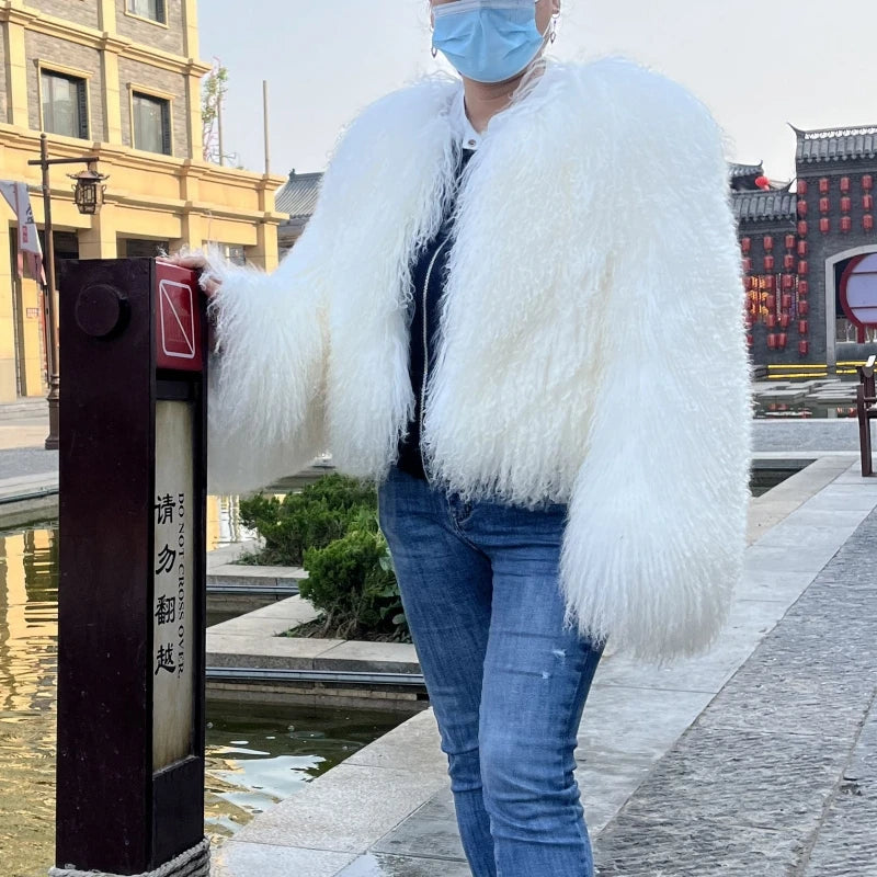 BEIZIRU Women's Real Fur Jacket Winter Autumn Fashion Mongolia Sheep Coat Warm Stylish Outerwear for Ladies