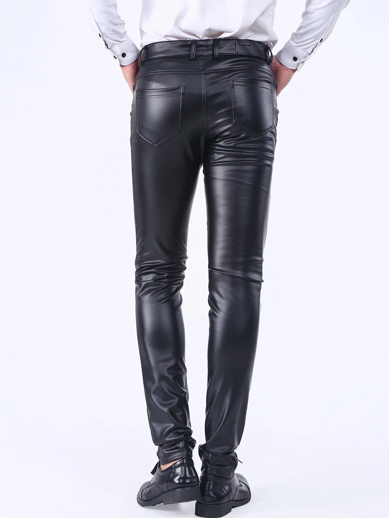 Men`s Party Stage Performance Business Slim Fit Five Pockets Faux Leather Pants Jeans