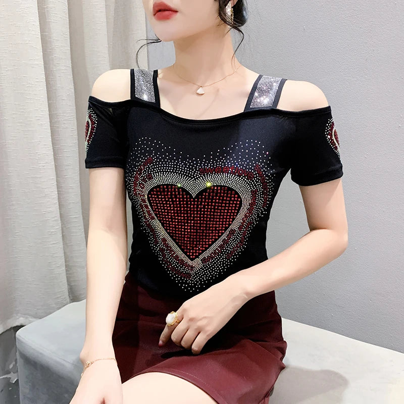 New Ladies Clothes Butterfly Letter Design T-Shirt Sexy Off Shoulder Shiny Diamonds Women Chic Mesh Tops Tees Shirts