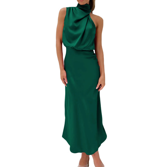 Women Long Satin Dress Elegant Sleeveless Turtleneck Solid Summer Dress for Cocktail Party