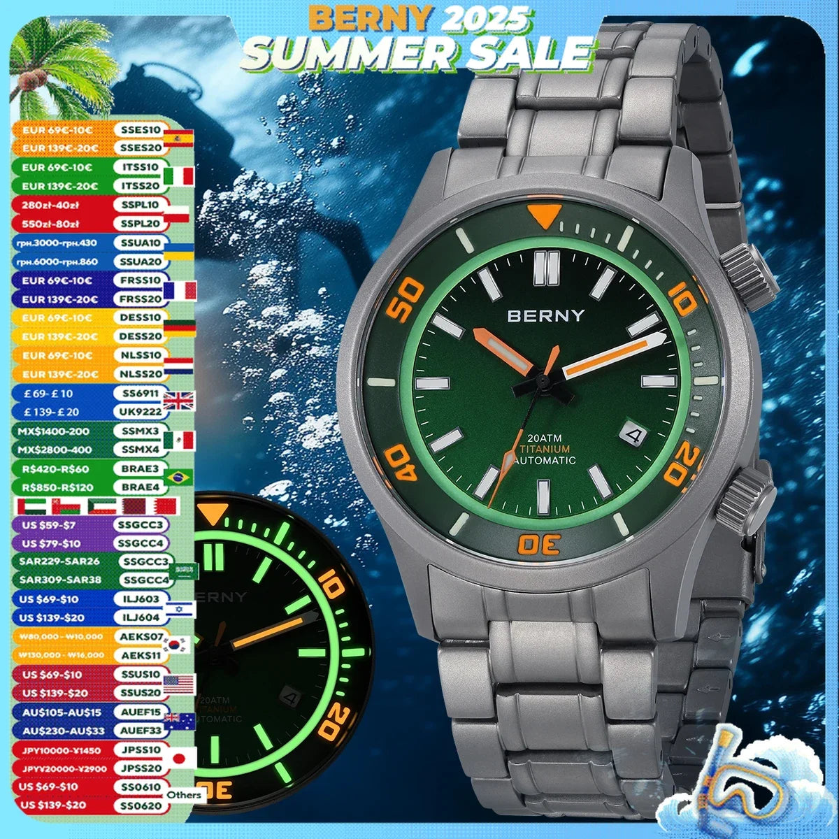 BERNY Men's Titanium Diver Watch with Luminous Dial and Sapphire Crystal 20ATM