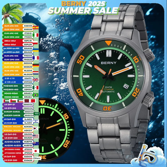 BERNY Men's Titanium Diver Watch with Luminous Dial and Sapphire Crystal 20ATM