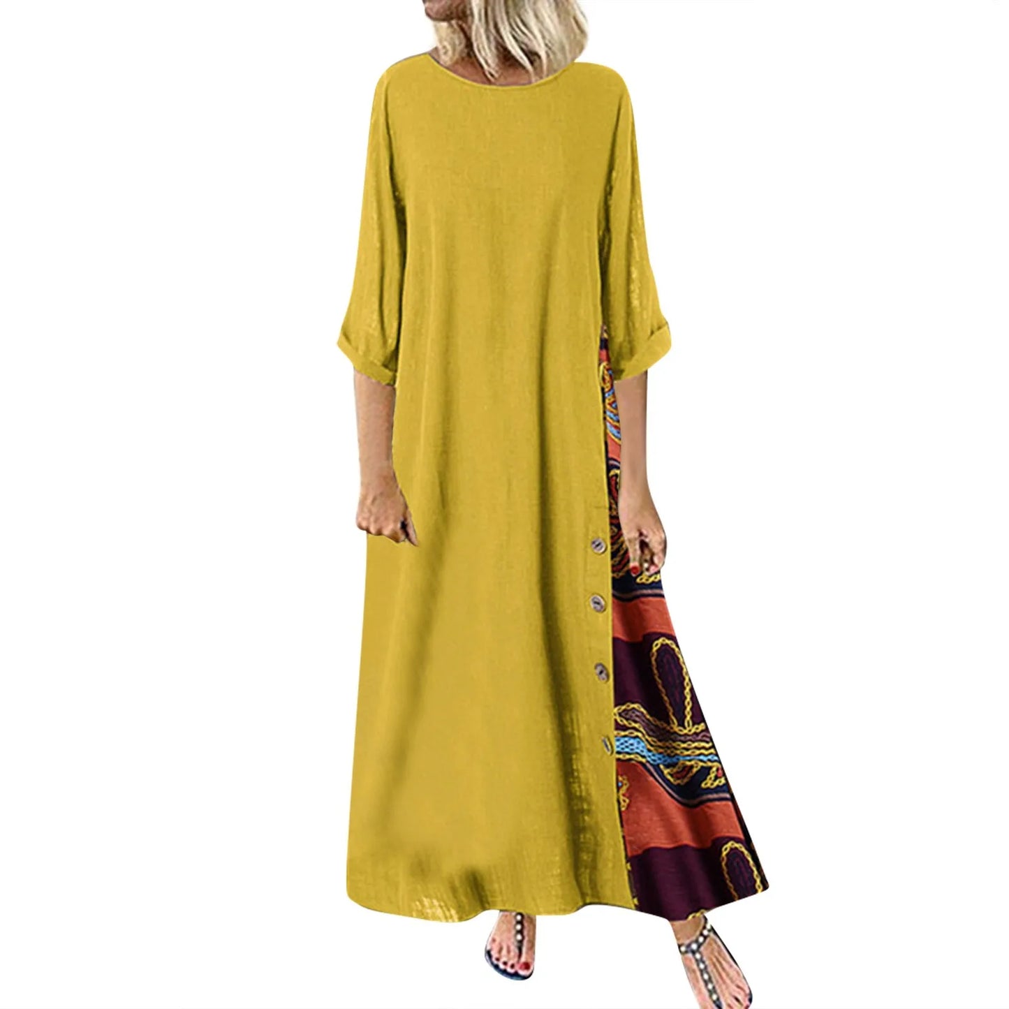 New Summer Fashion V-neck Printed Dress Women's Solid Color Pocket Casual Minimalist Beach Long Dress
