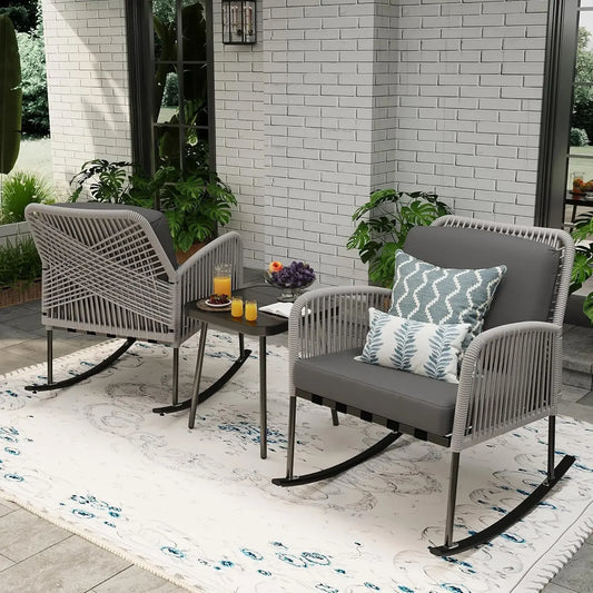 Boho Patio Rocking Chairs Set of 2 with Coffee Table,3 Piece Outdoor Patio Furniture Set,Modern Rope Chair and Table for Balcony