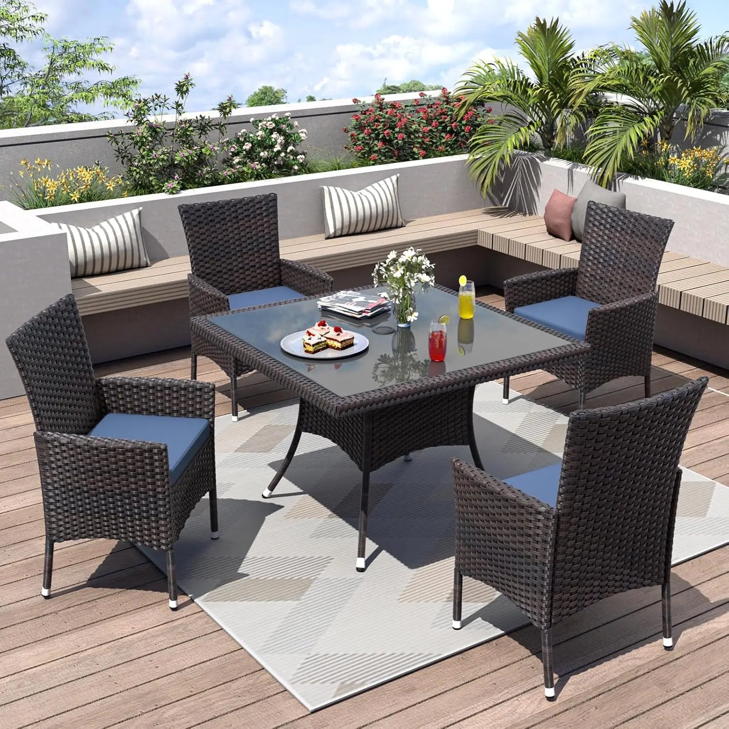 5 Piece Patio Dining Set All-Weather Wicker Outdoor Patio Furniture Set w/Tempered Glass Tabletop, Removable Cushions