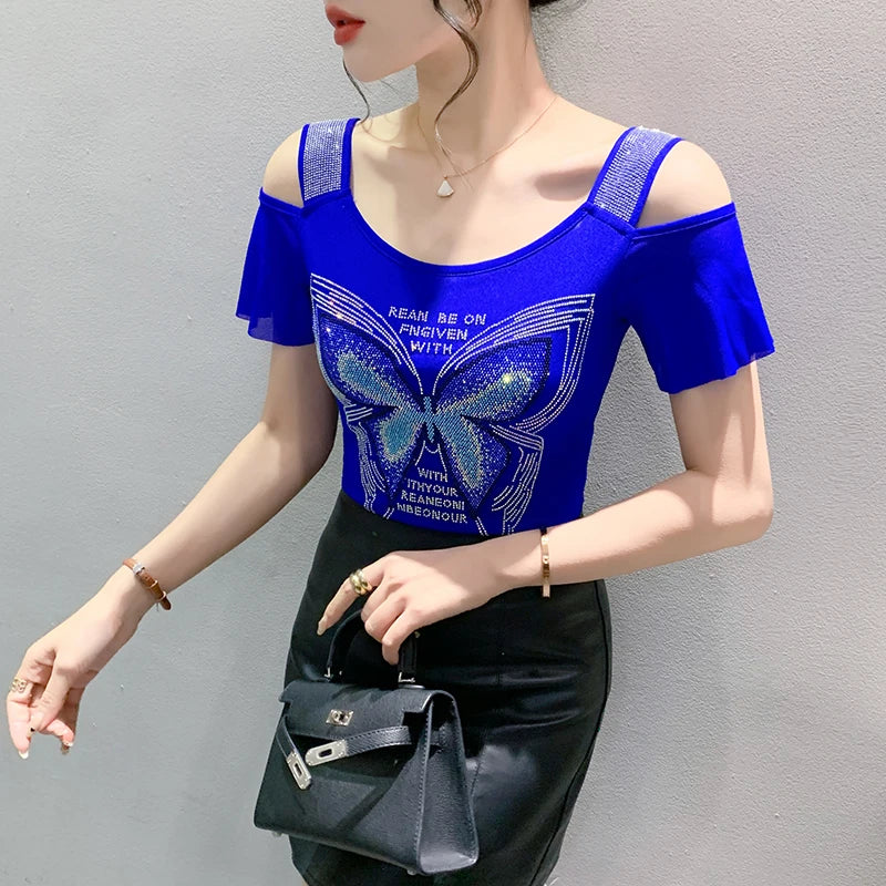 New Ladies Clothes Butterfly Letter Design T-Shirt Sexy Off Shoulder Shiny Diamonds Women Chic Mesh Tops Tees Shirts