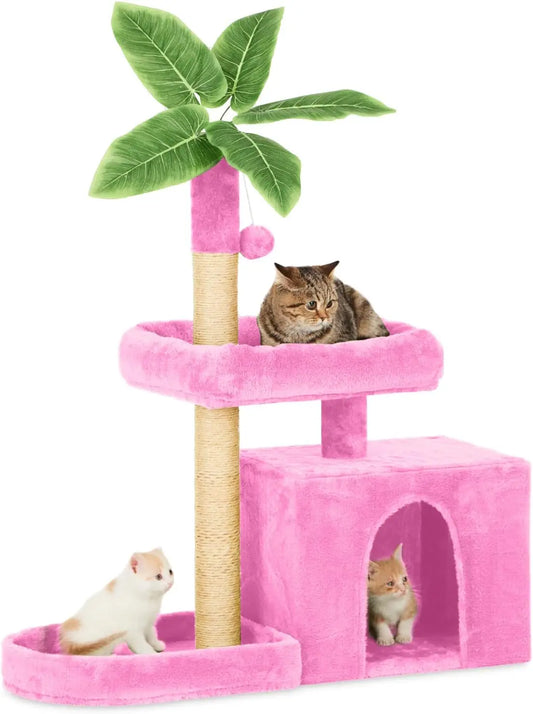31.5 Inch Cat Tower with Leaf Design Cozy Plush Cat Condo for Indoor Cats