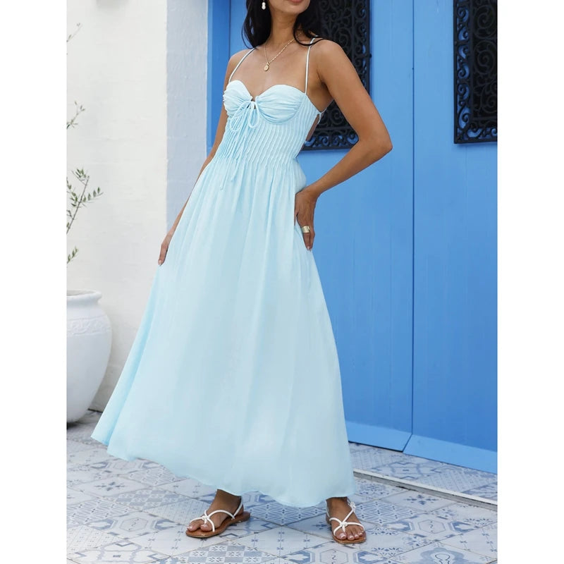 Combhasaki Women Pleated Long Dress Summer Sleeveless Thin Straps Tie-up Front Ruched Bust Backless Flowy Beach A-line Sundress