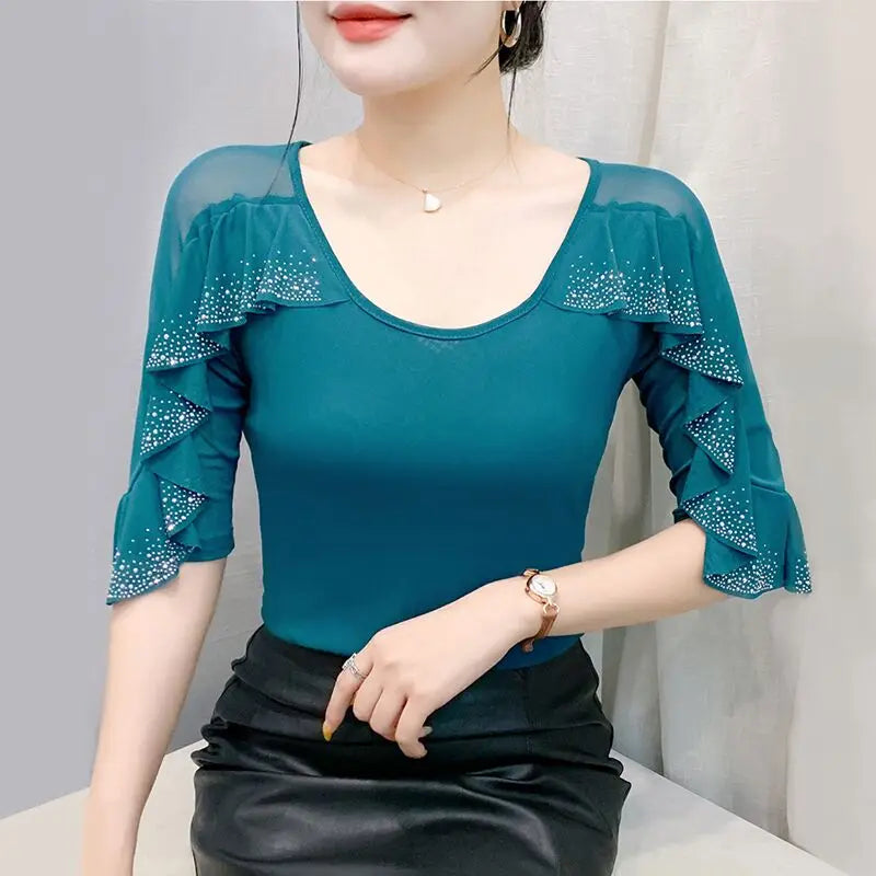 2025 Spring Summer Mesh Tops Korean Fashion Round Neck Patchwork Lotus Leaf Ruffles Shirt Hot Diamond Women T Shirt