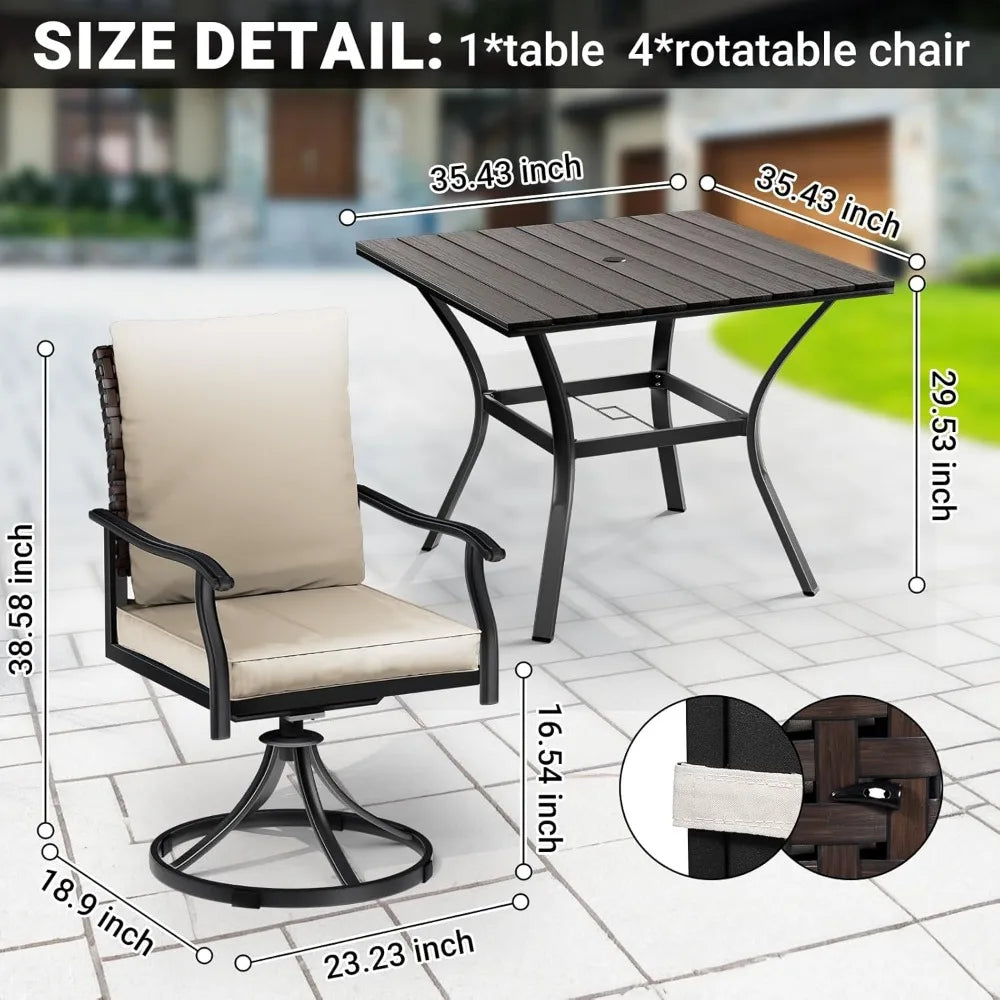 5 Piece Outdoor Patio Dining Set with 4 Swivel Dining Chairs & 1 Large Square Dining Table,Bistro Furniture Set for Lawn, Garde