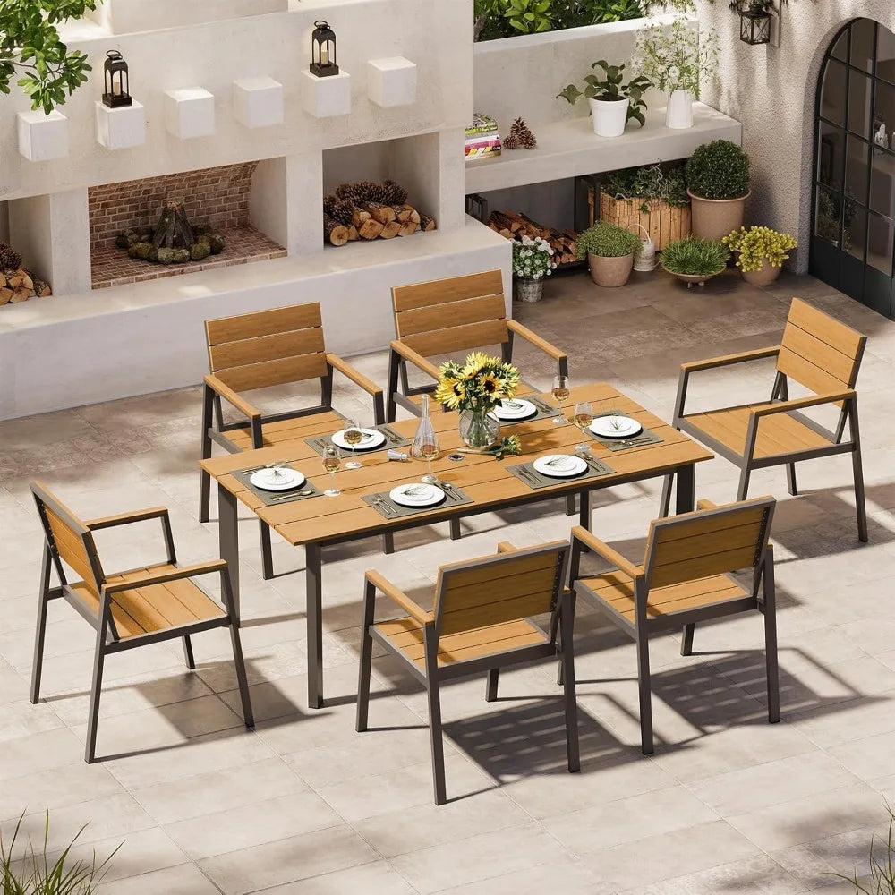 Outdoor Dining Set for 6, Patio Table and Chairs Set with Umbrella Hole, 7 Pieces HDPS Outdoor Furniture Sets for Patio, Garden,