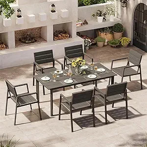 Outdoor Dining Set for 6, Patio Table and Chairs Set with Umbrella Hole, 7 Pieces HDPS Outdoor Furniture Sets for Patio, Garden,