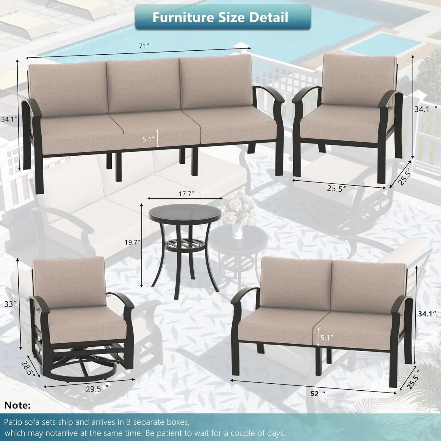 Aluminum Patio Furniture Set with Fire Pit Table, Swivel Chair Metal Patio Sectional Sofa with Upgrade Cushions for Patio