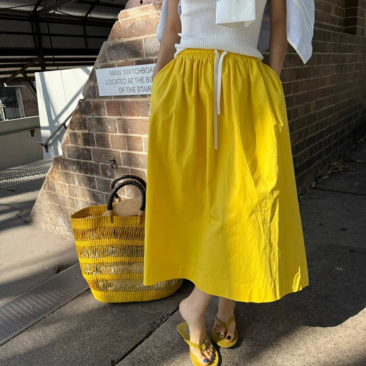 Women Elastic Waist Skirts with Drawstring High Waist Casual Yellow Midi Skirt 2025 New In