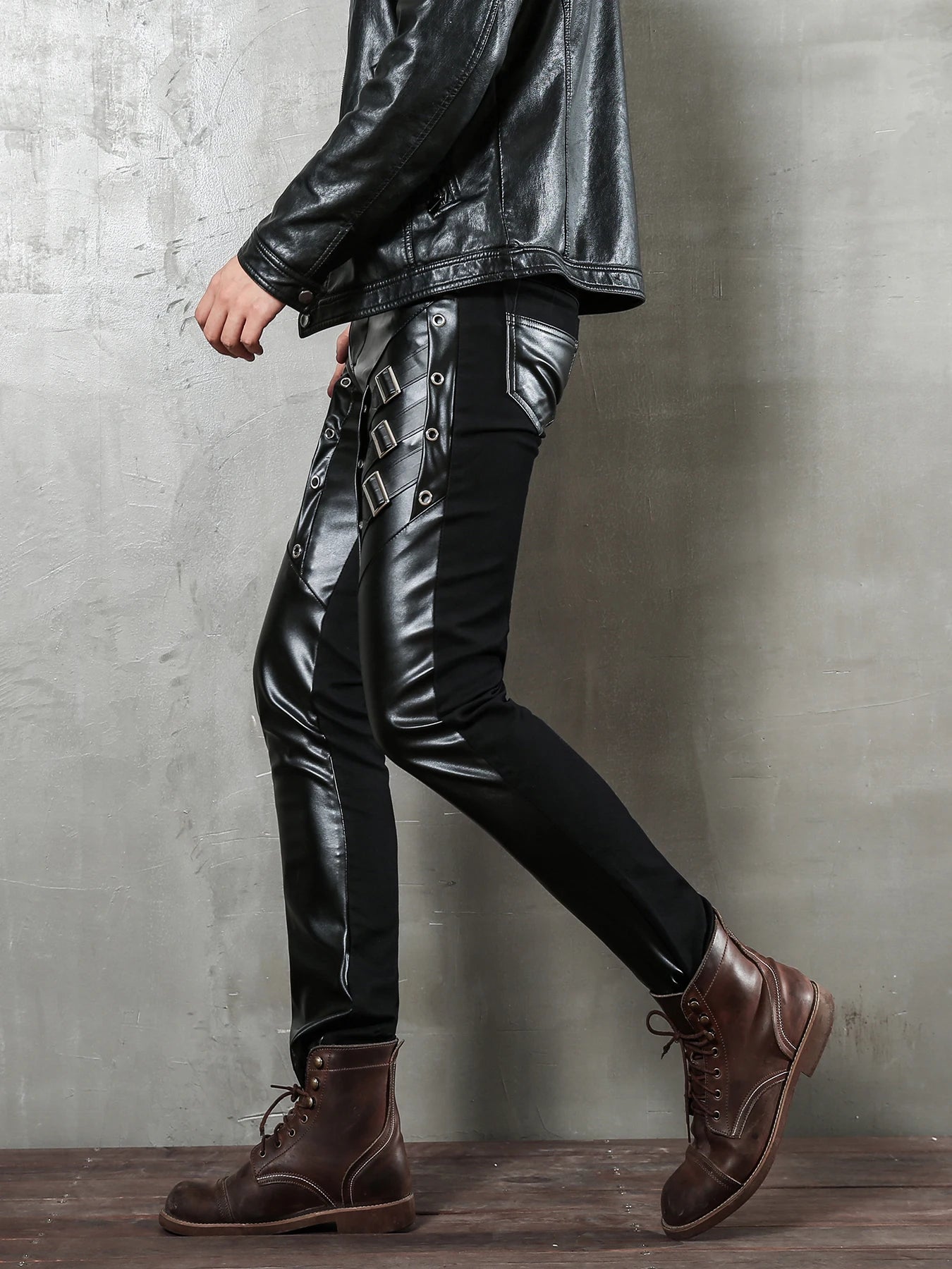 Motorcycle Steampunk Hip Hop Slim Fit Soft PU Faux Night Club Dance party Leather Biker Pants Perfect for party