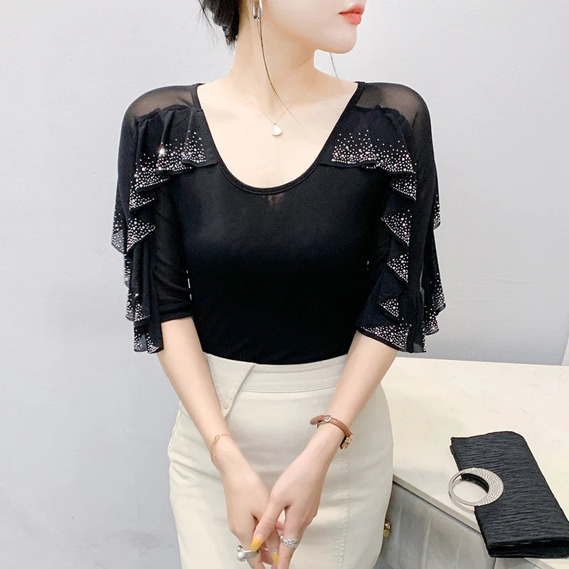 2025 Spring Summer Mesh Tops Korean Fashion Round Neck Patchwork Lotus Leaf Ruffles Shirt Hot Diamond Women T Shirt