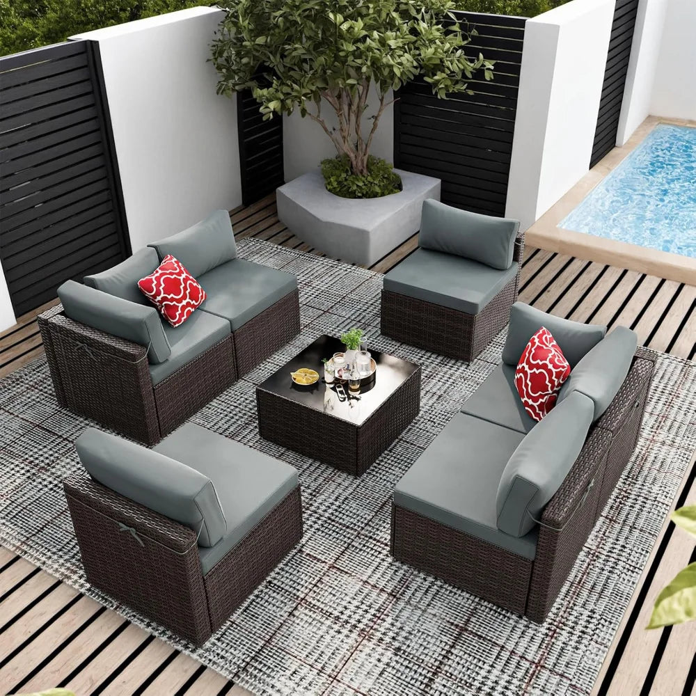 7 Pieces Patio Furniture Sets, Outdoor All-Weather Sectional Patio Sofa Set PE Rattan Manual Weaving Wicker Patio