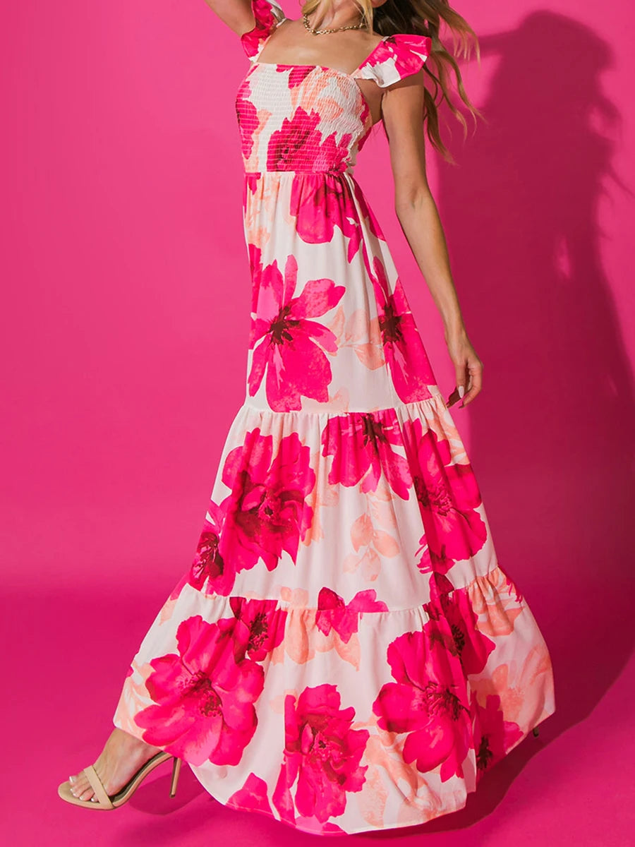 Elegant Floral Print Maxi Dress with Flutter Sleeves Deep V-Neckline and Open Back Design for Women s Summer Beachwear