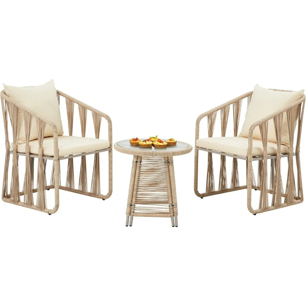 3 Piece Patio Rattan Bistro Set, Outdoor All Weather Wicker Furniture Chairs with Table and Soft Cushions, Modern Conve