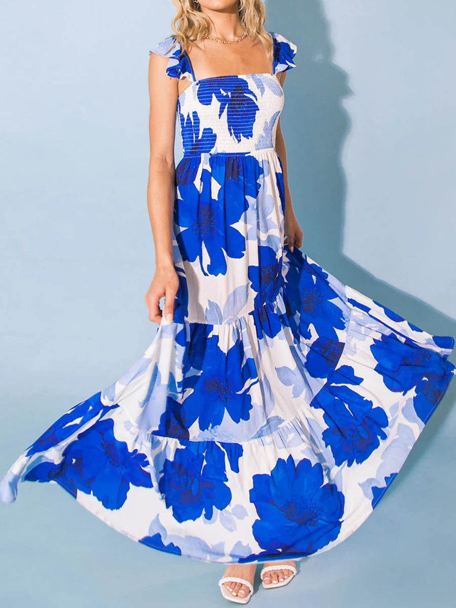 Elegant Floral Print Maxi Dress with Flutter Sleeves Deep V-Neckline and Open Back Design for Women s Summer Beachwear