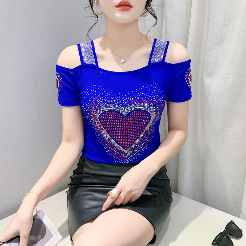 New Ladies Clothes Butterfly Letter Design T-Shirt Sexy Off Shoulder Shiny Diamonds Women Chic Mesh Tops Tees Shirts