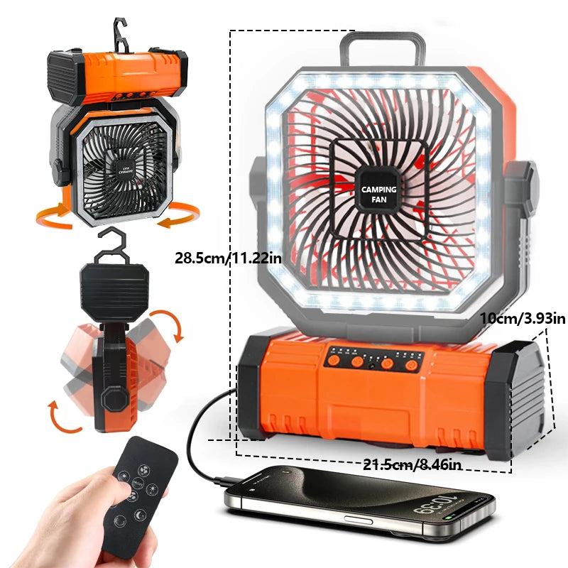 30000mAh Camping Fan with LED Lantern, Rechargeable Battery Operated Oscillating with Remote Hook Steroage Bag