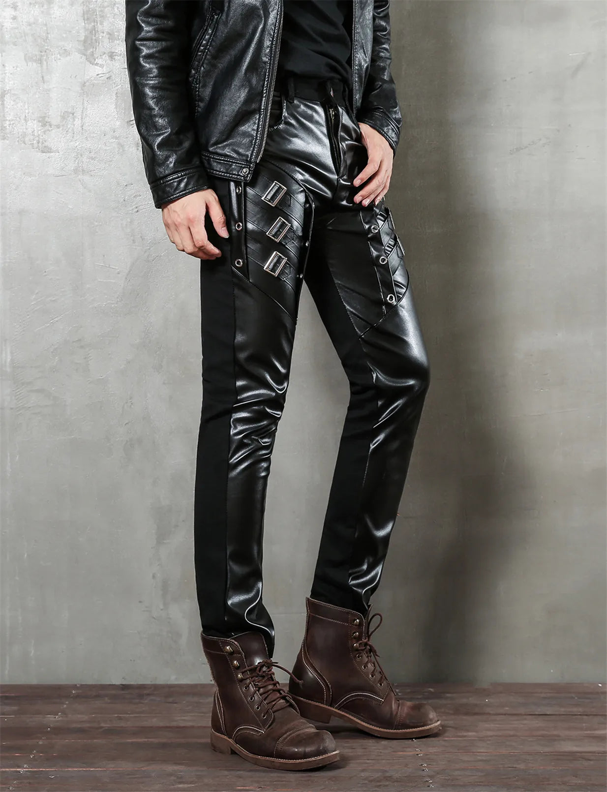 Men`s Motorcycle  Hip Hop Slim Fit Soft PU Faux Night Club Dance party Leather Biker Pants