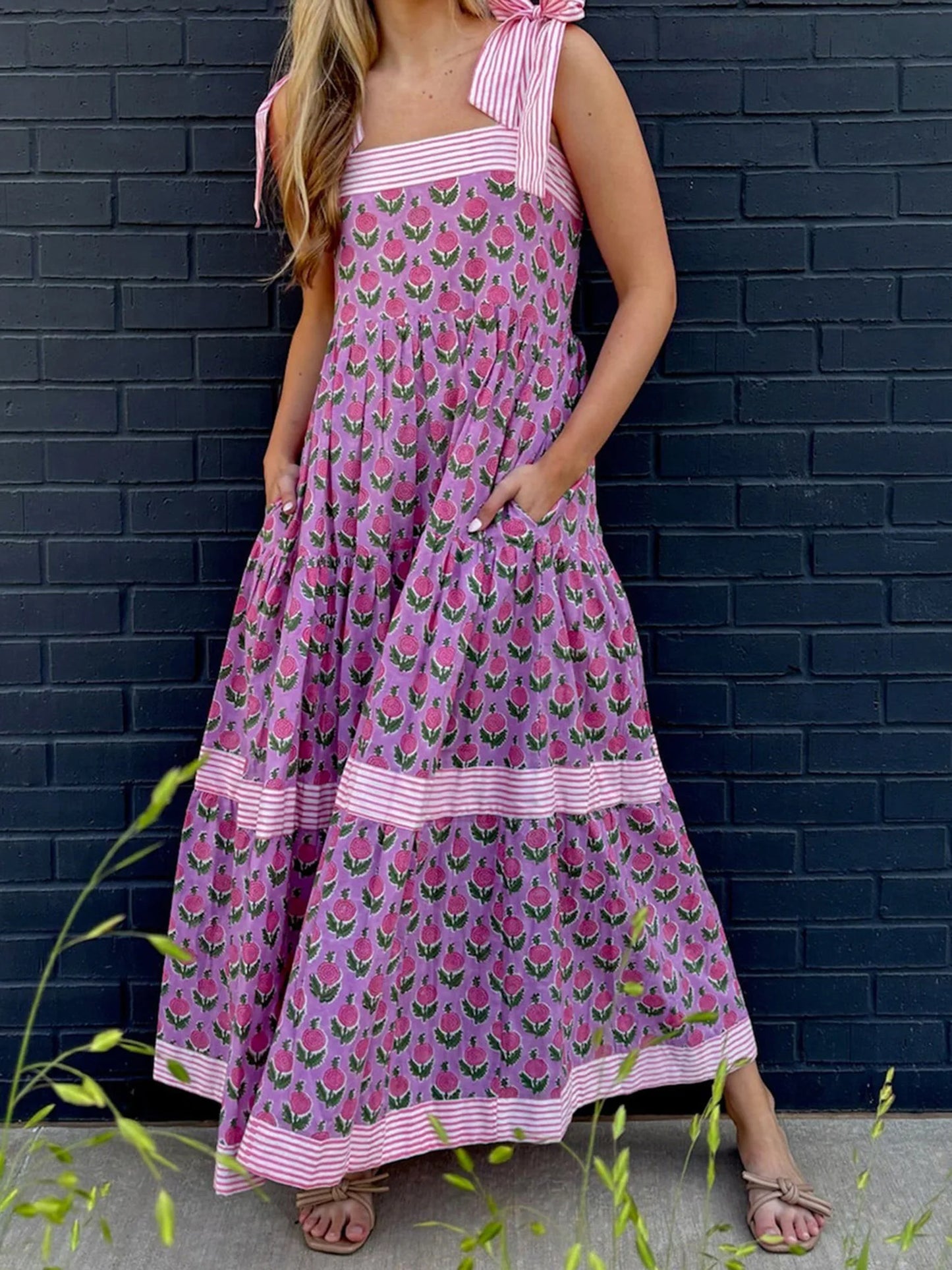 Elegant Maxi Dress with Boho Floral Print and Adjustable Tie-Up Straps Sleeveless Summer Fashion Cami Dress for Women