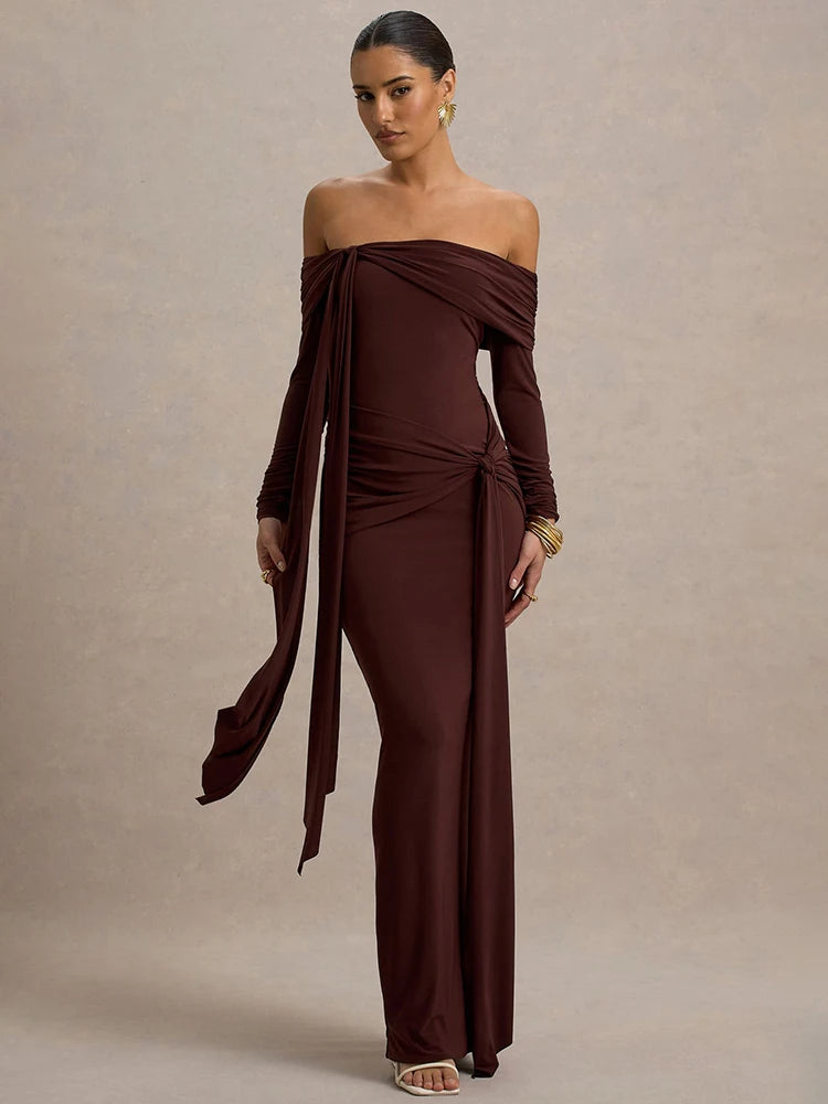 Mozision Off-shoulder Long Sleeve Sexy Maxi Dress Women Gown Autumn Fashion Strapless Backless Draped Ruched Club Long Dresses