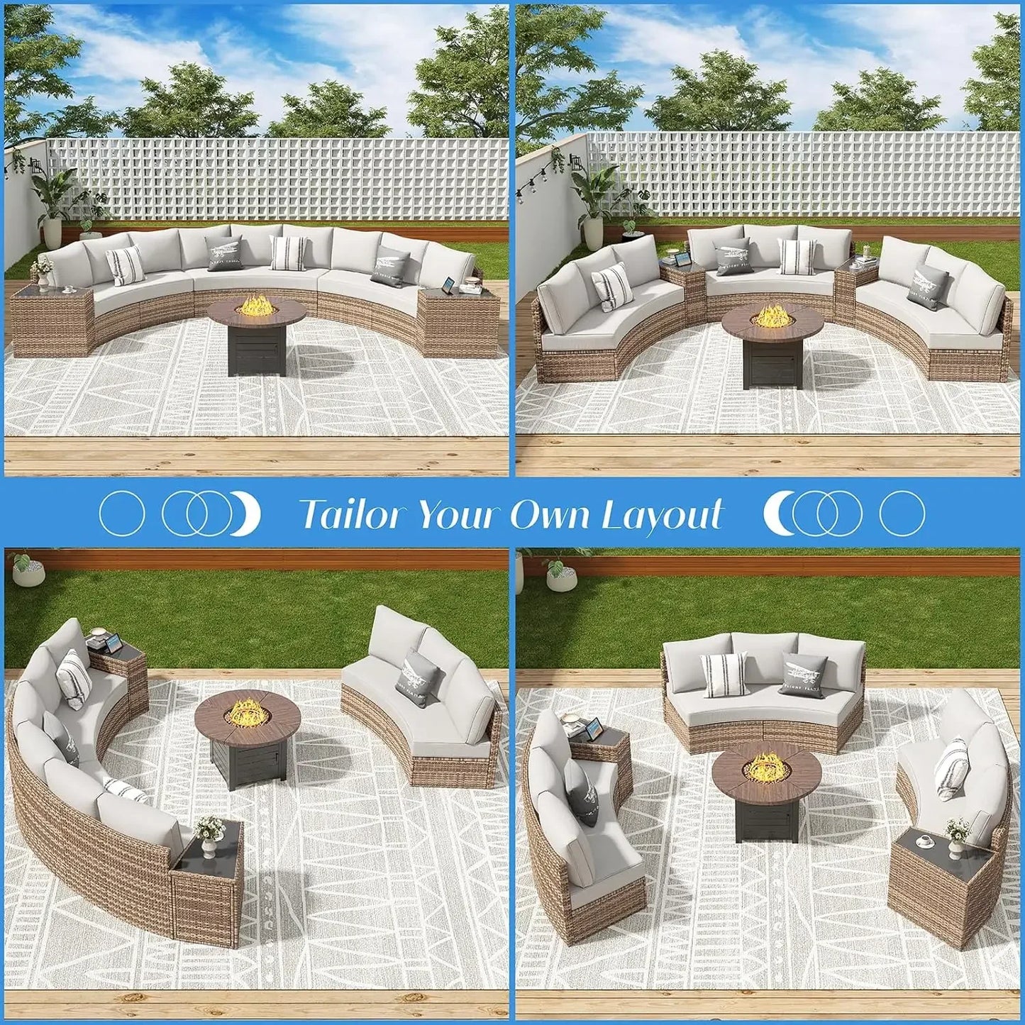 Patio Furniture Sets, 11 Piece Half-Moon Sectional Round Sofa Set, Outdoor Patio Furniture with Cushions & Wedge Table