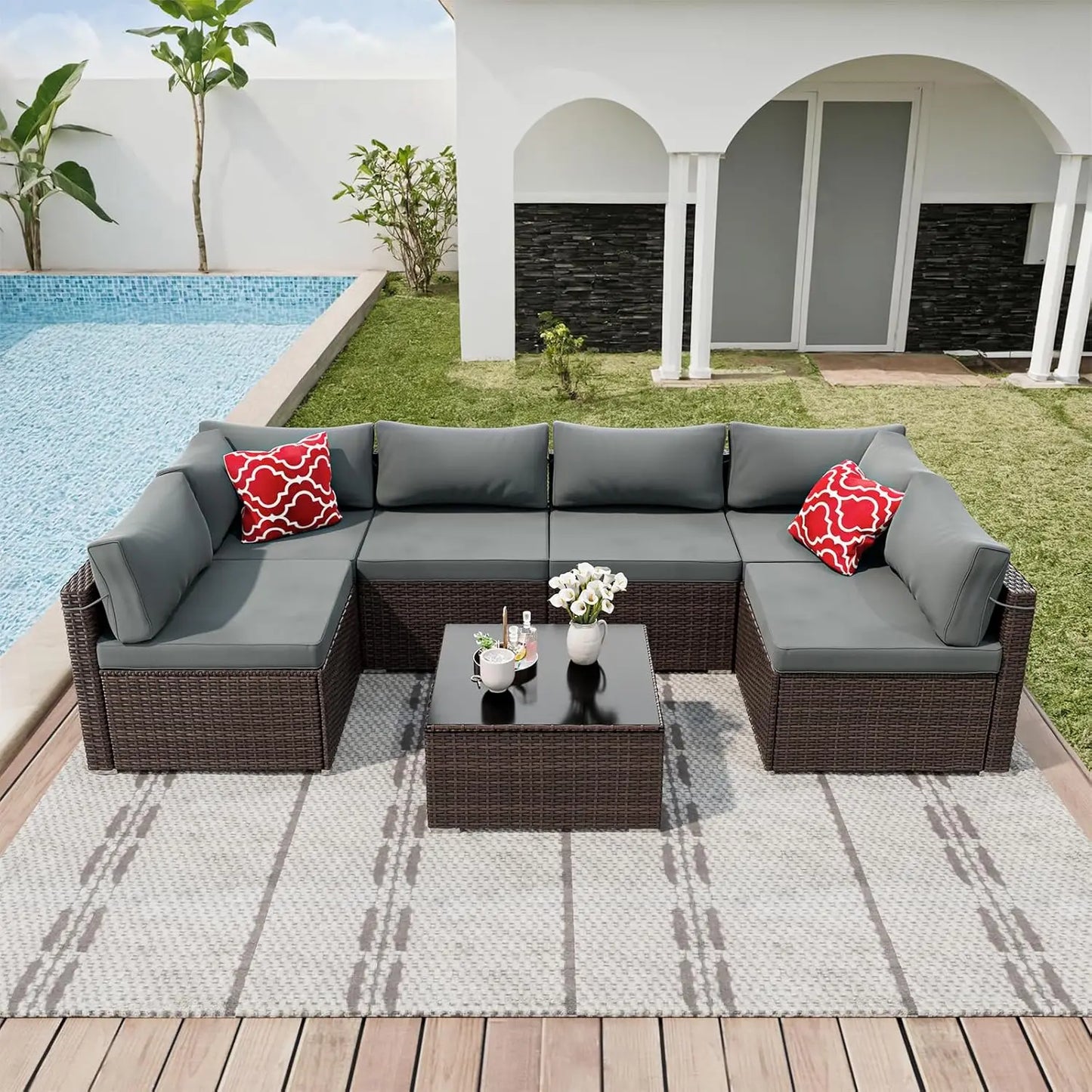 7 Pieces Patio Furniture Sets, Outdoor All-Weather Sectional Patio Sofa Set PE Rattan Manual Weaving Wicker Patio