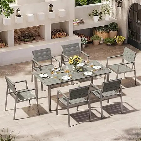 Outdoor Dining Set for 6, Patio Table and Chairs Set with Umbrella Hole, 7 Pieces HDPS Outdoor Furniture Sets for Patio, Garden,