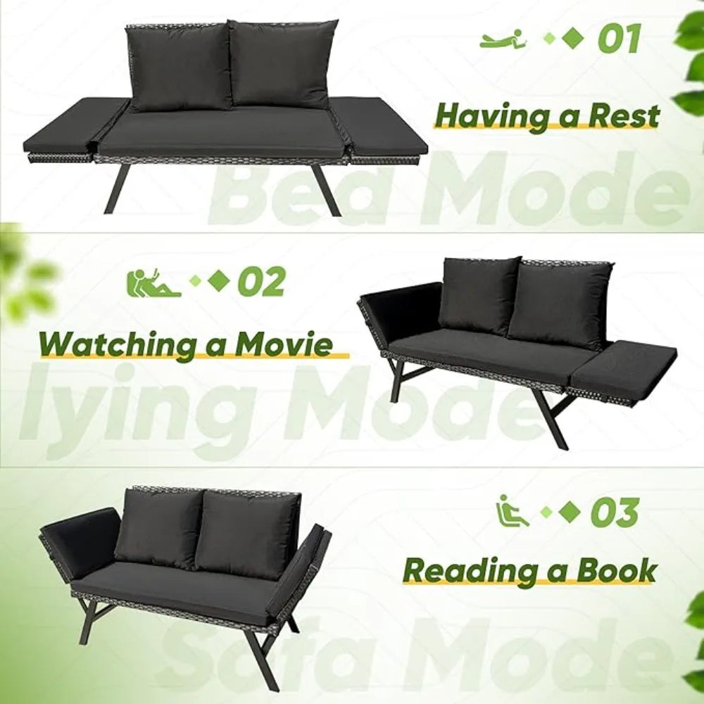 Outdoor Sofa with Adjustable Armrests, Convertible Daybed or Double Chair, Woven Rattan Patio Furniture, Outdoor Sofa