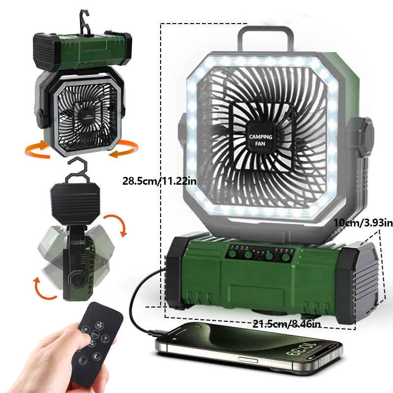 30000mAh Camping Fan with LED Lantern, Rechargeable Battery Operated Oscillating with Remote Hook Steroage Bag