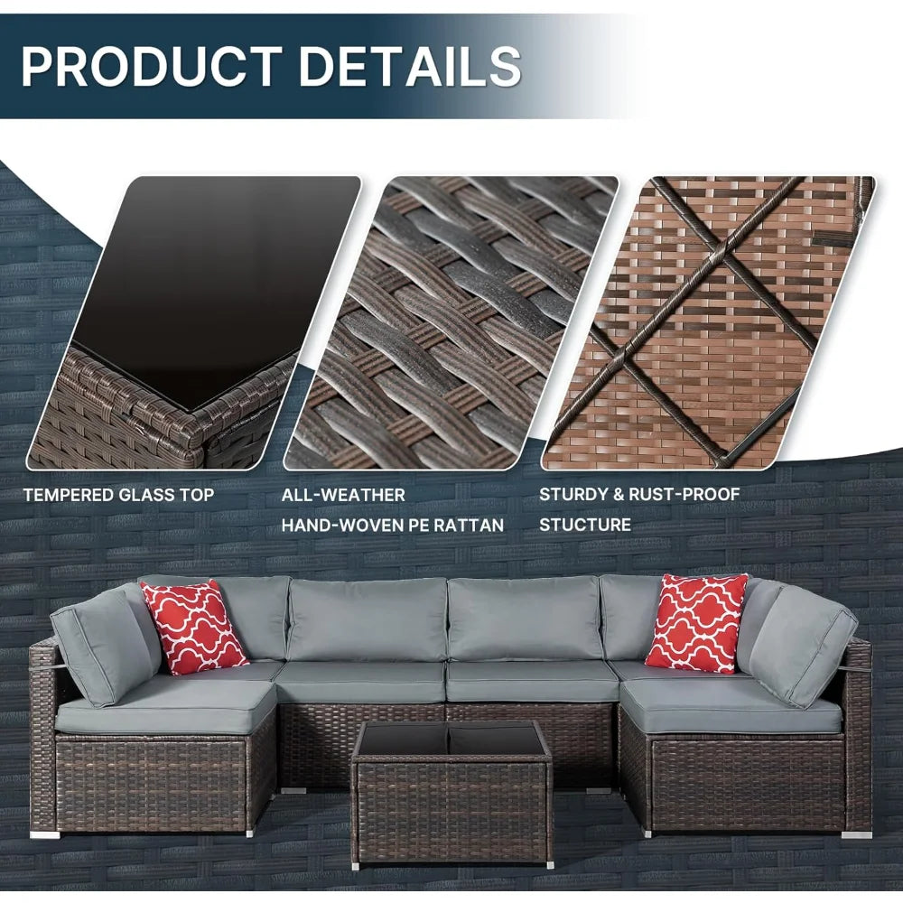 7 Pieces Patio Furniture Sets, Outdoor All-Weather Sectional Patio Sofa Set PE Rattan Manual Weaving Wicker Patio