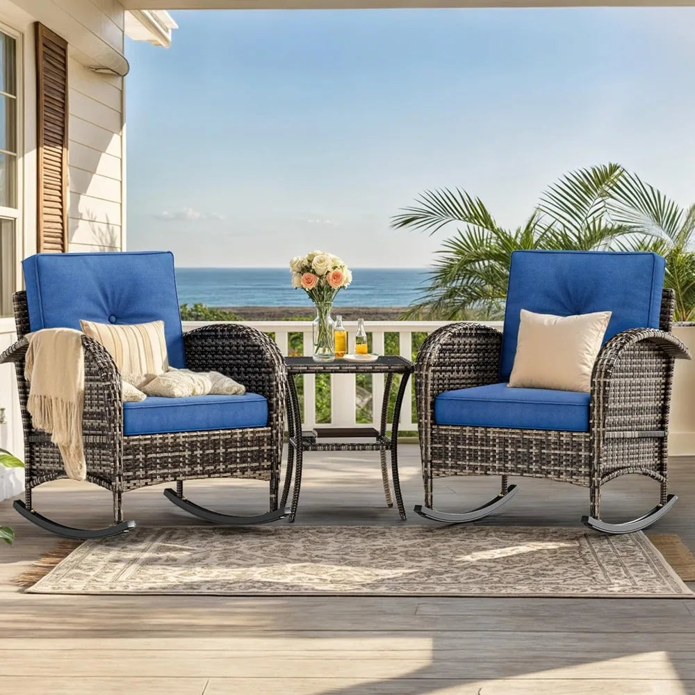 3-Piece Wicker Rocking Chair Set, Outdoor Patio Furniture Set with Plush Cushions, PE Rattan Bistro Set Including Side Table, D