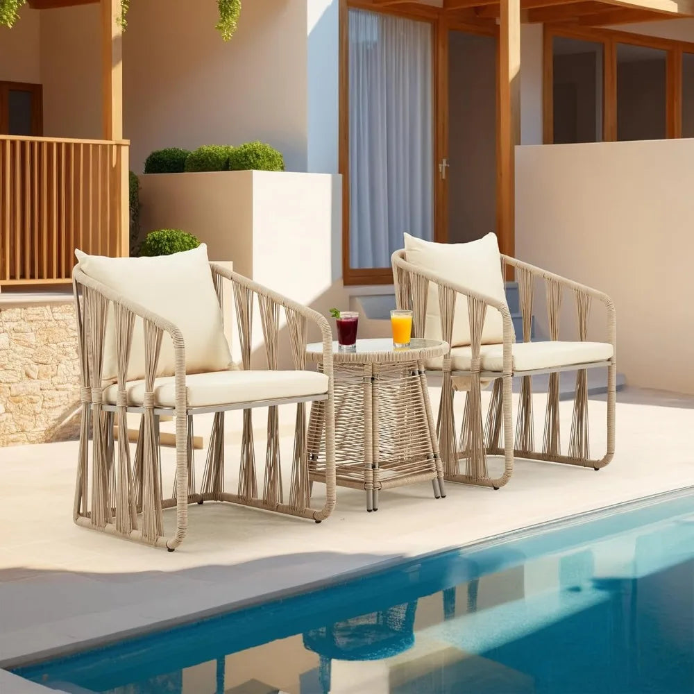 3 Piece Patio Rattan Bistro Set, Outdoor All Weather Wicker Furniture Chairs with Table and Soft Cushions, Modern Conve