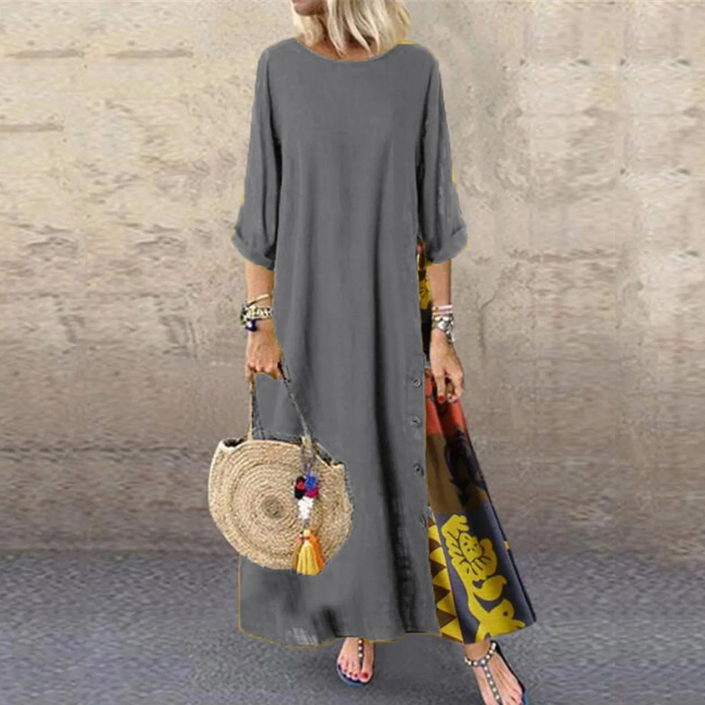New Summer Fashion V-neck Printed Dress Women's Solid Color Pocket Casual Minimalist Beach Long Dress