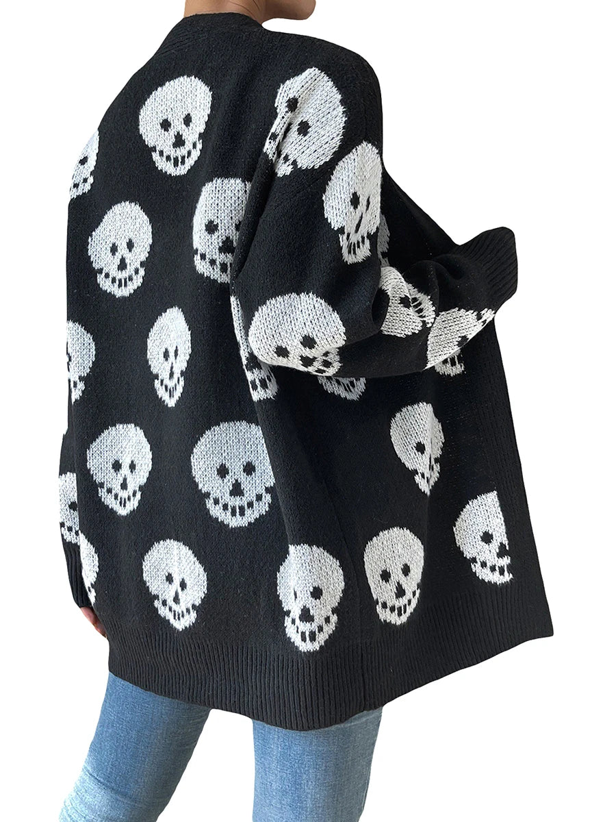 Women s Halloween Casual Knit Cardigan Long Sleeve Open Front Skull Print Knitwear Sweater