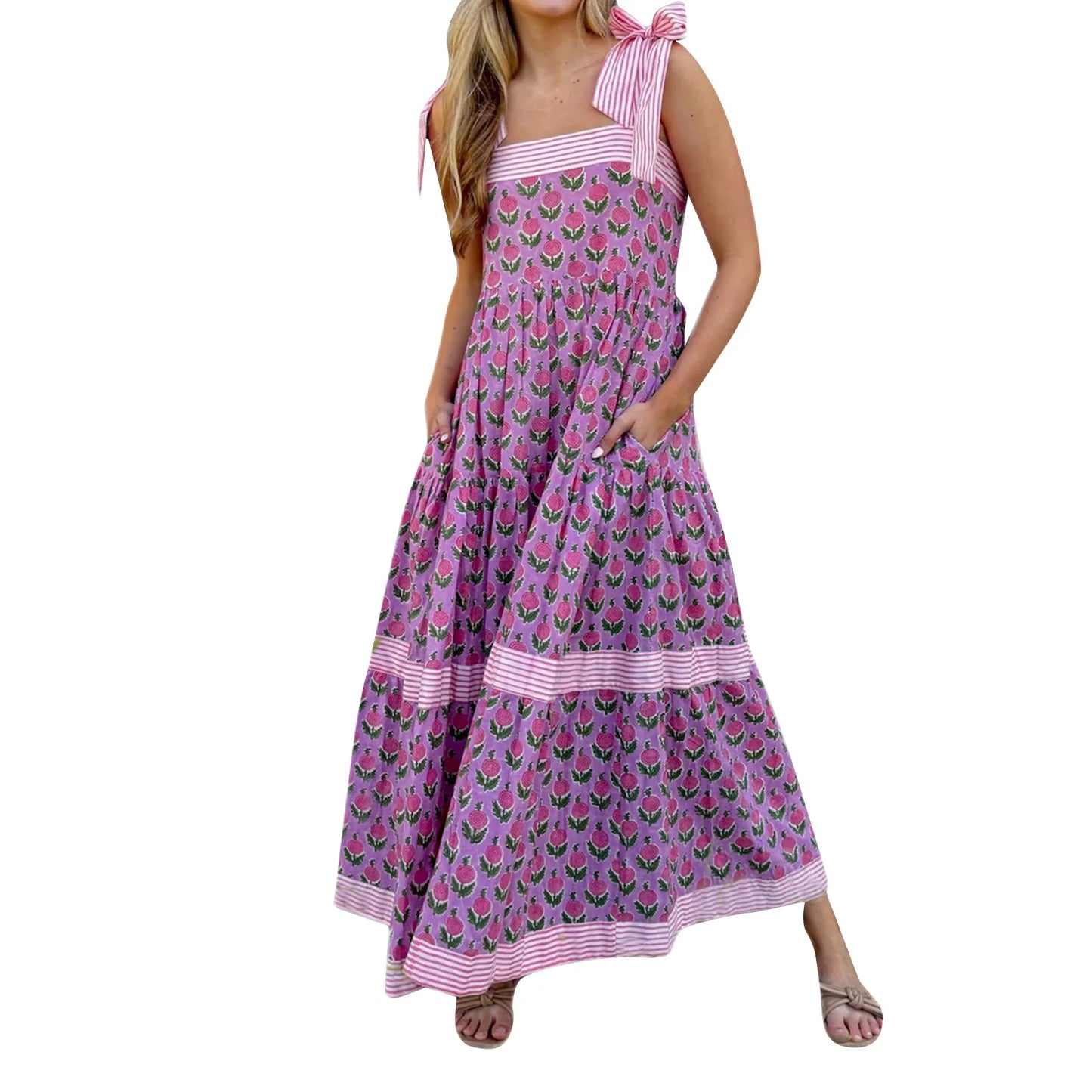 Elegant Maxi Dress with Boho Floral Print and Adjustable Tie-Up Straps Sleeveless Summer Fashion Cami Dress for Women