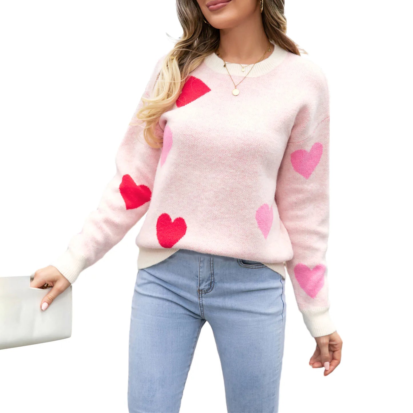 Women s Heart Print Sweaters Long Sleeve Round Neck Loose Pullovers Valentine’s Day Knit Tops