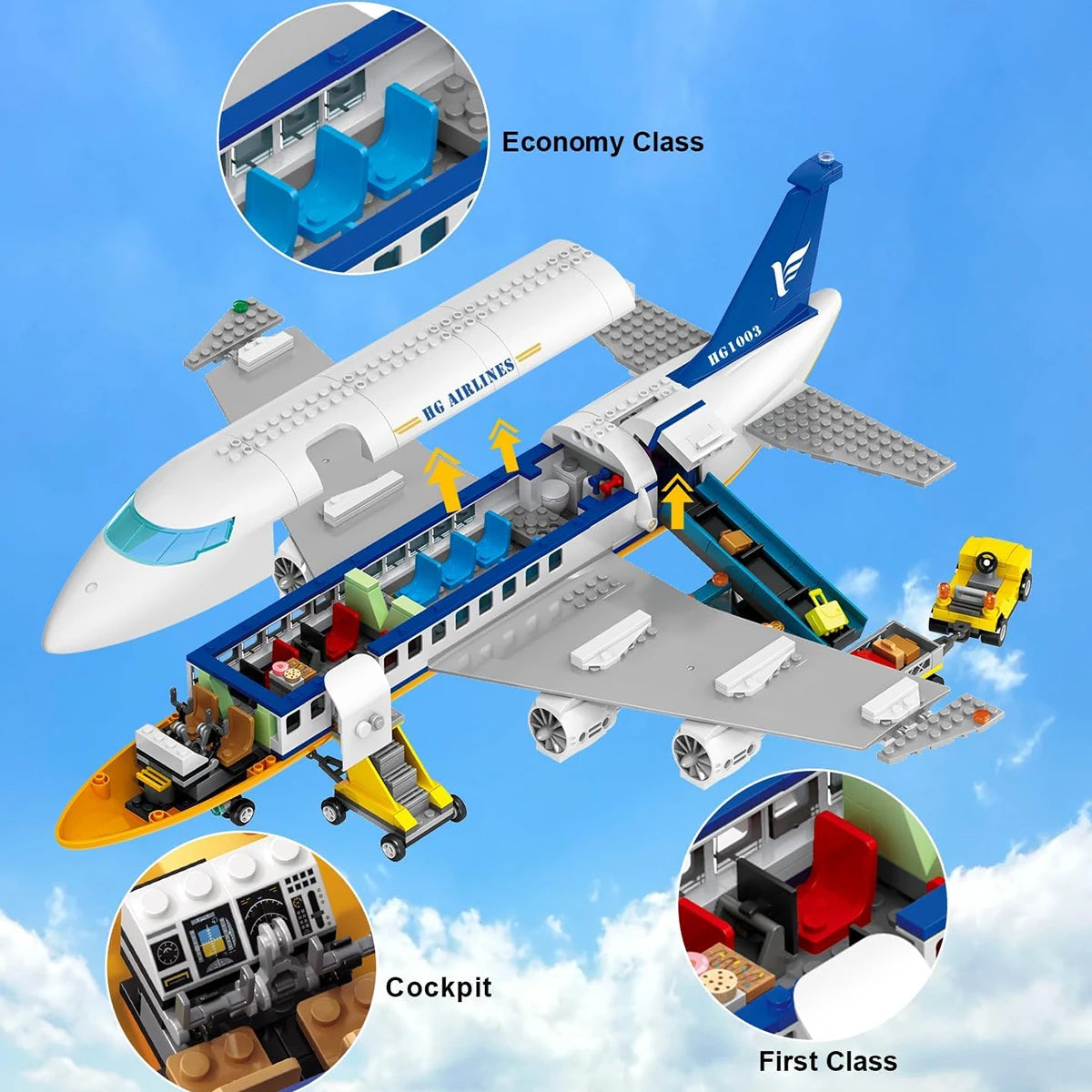 HOGOKIDS  Airplane Building Set with LED, Plane Building Blocks with Airport Terminal Luggage Trailer Toys Gifts for Kids Age 6+