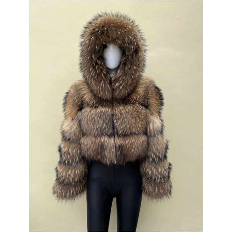 BEIZIRU Women's Short Real Raccoon Fur Coat Winter Long Sleeve Natural Luxury Thick Jacket