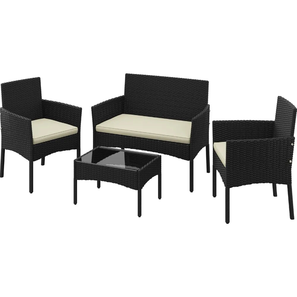Patio Furniture Set 4 Pieces Conversation Sets, Rattan Chair Wicker Set Loveseat with Soft Cushion and Glass Table