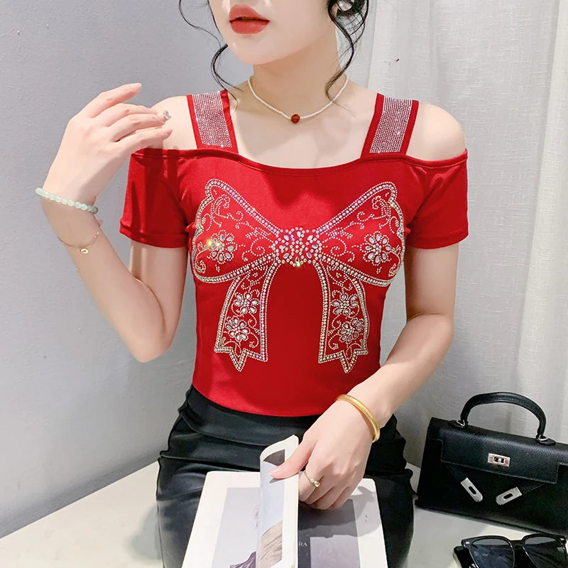 New Ladies Clothes Butterfly Letter Design T-Shirt Sexy Off Shoulder Shiny Diamonds Women Chic Mesh Tops Tees Shirts