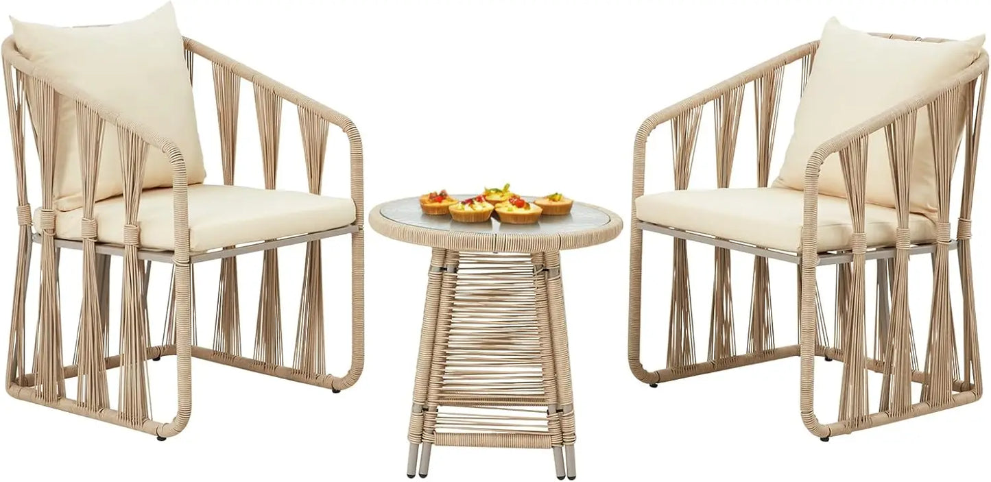 3 Piece Patio Rattan Bistro Set, Outdoor All Weather Wicker Furniture Chairs with Table and Soft Cushions, Modern Conve